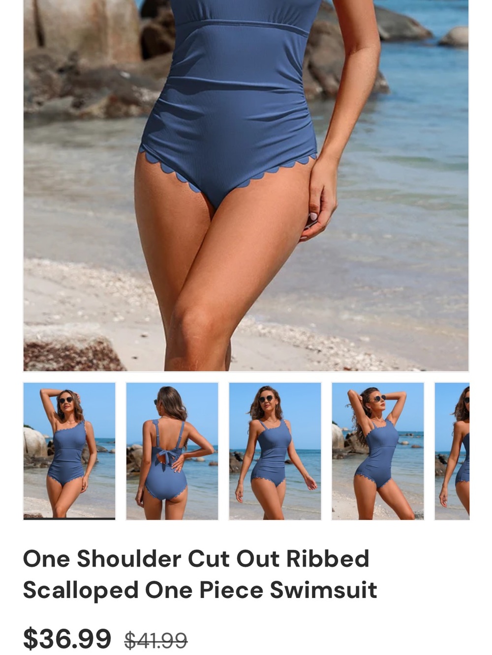 Scalloped One-Shoulder Ribbed One-Piece Swimsuit - Blue